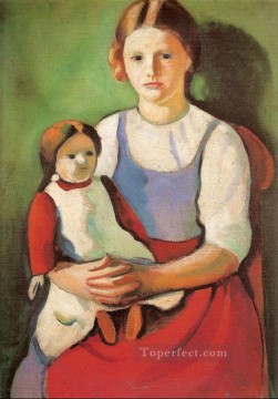 August Macke Painting - Blond Girl with Doll Blondes Madchenm it Puppe August Macke